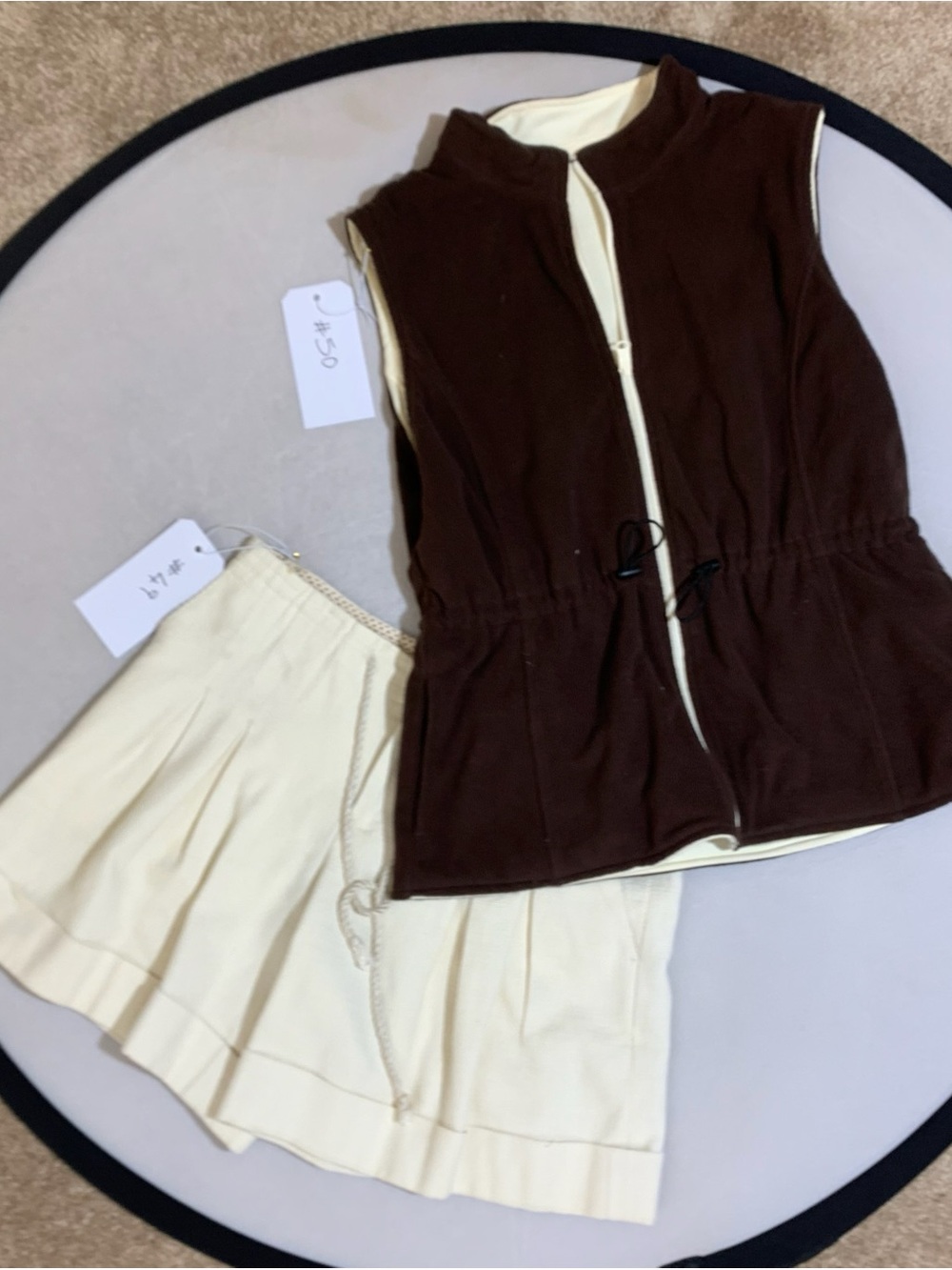 Golf Set Rebecca Taylor Brown and Cream Zip Vest with Pleated Cream Skirt